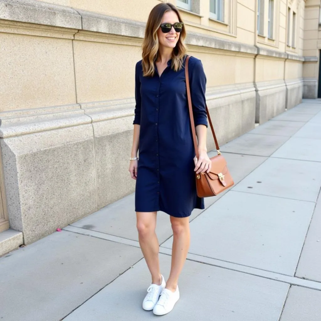 Navy Dress with White Sneakers