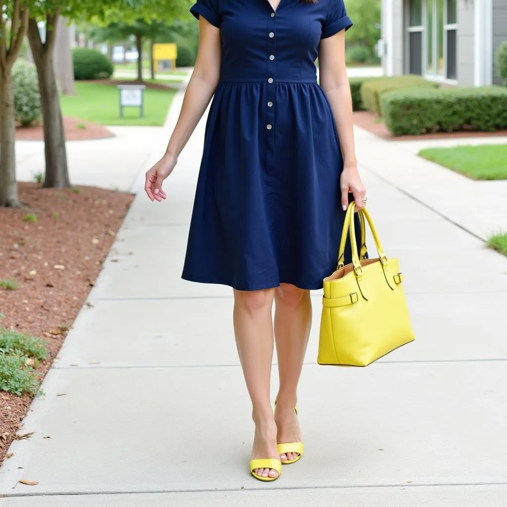 Navy Dress with Yellow Sandals