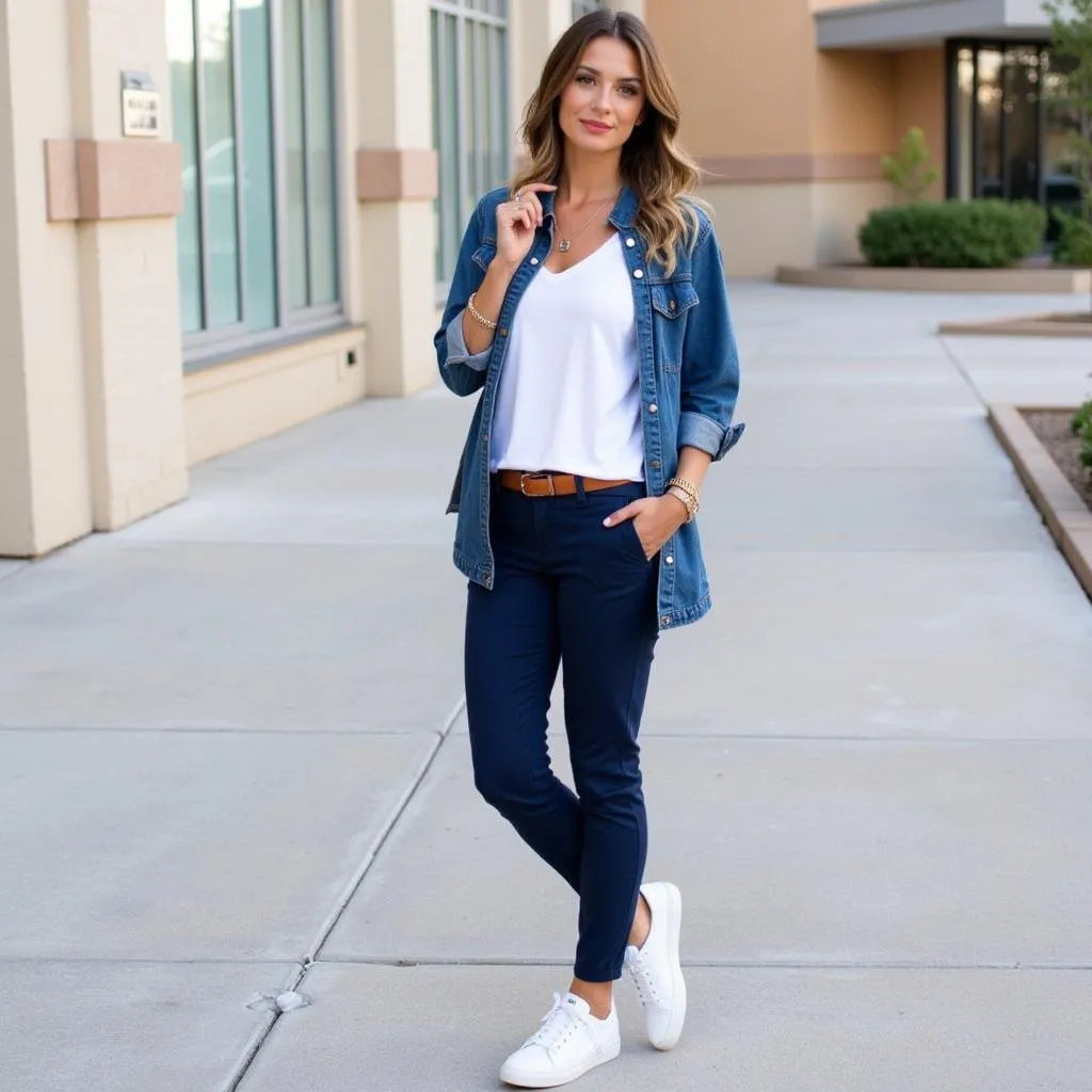 Navy pants styled with a brown leather belt for a casual look