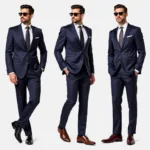 Navy suit with black, brown, and oxblood shoes