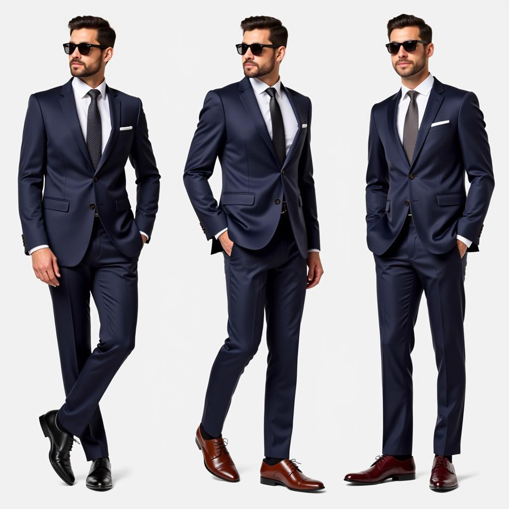 Navy suit with black, brown, and oxblood shoes