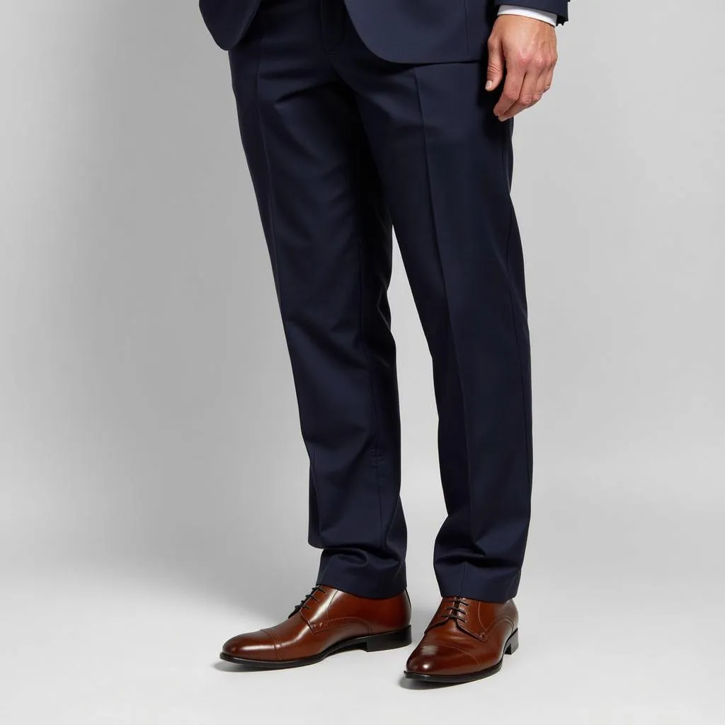 Man in a navy suit with brown shoes