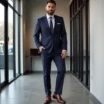 man-wearing-navy-suit-brown-shoes