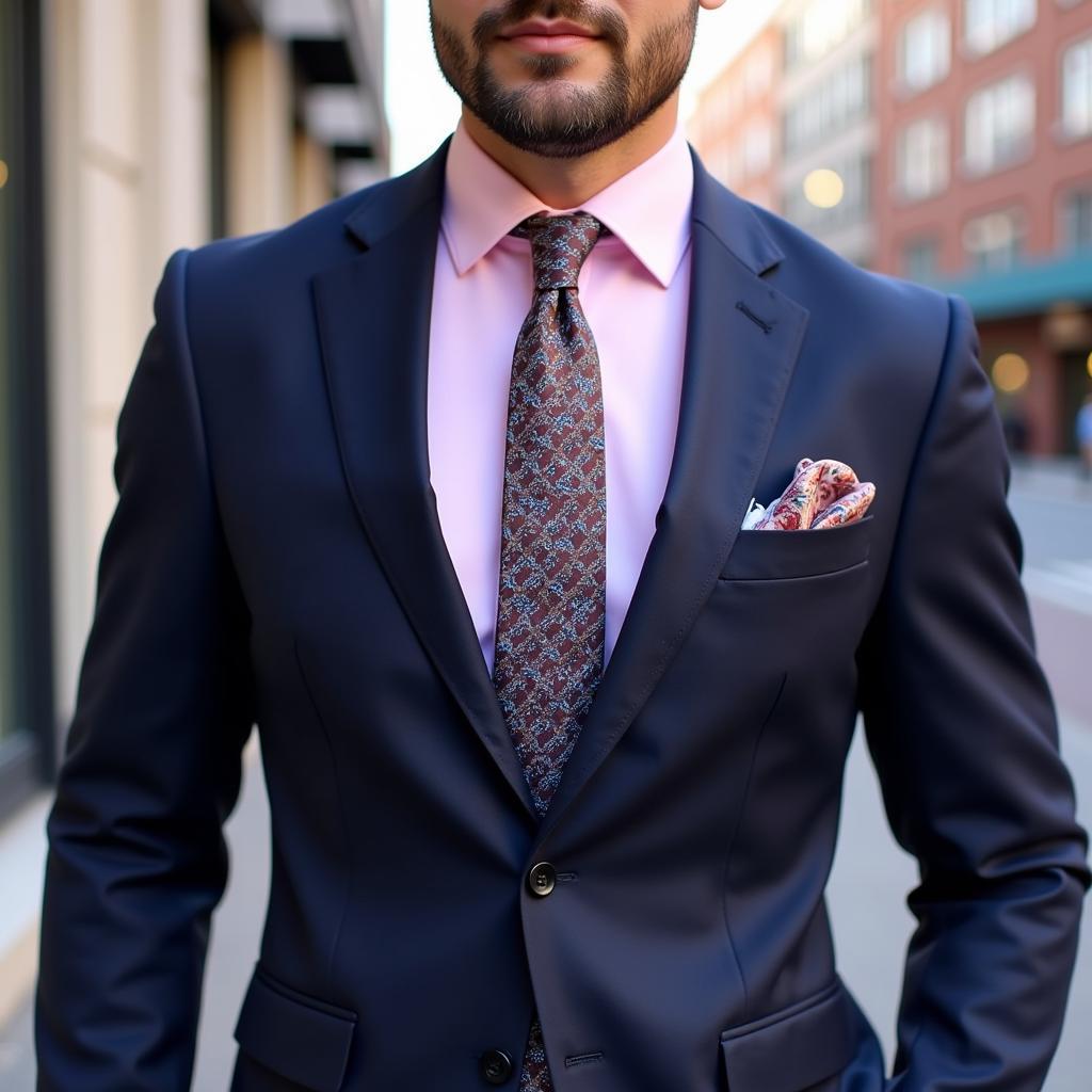 Man in a navy suit with a pink shirt