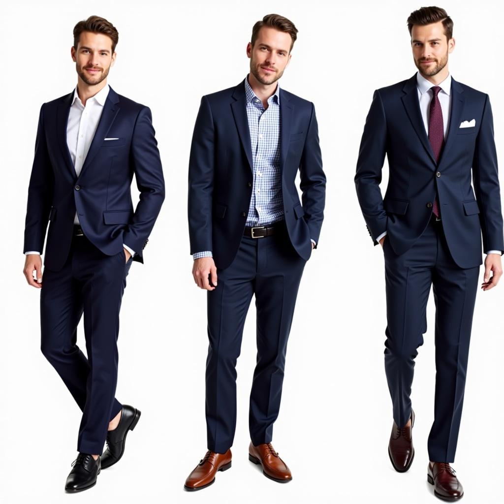 Navy suit with various shoe color combinations for different occasions