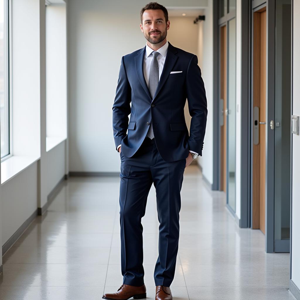 Man in a navy suit with a white shirt