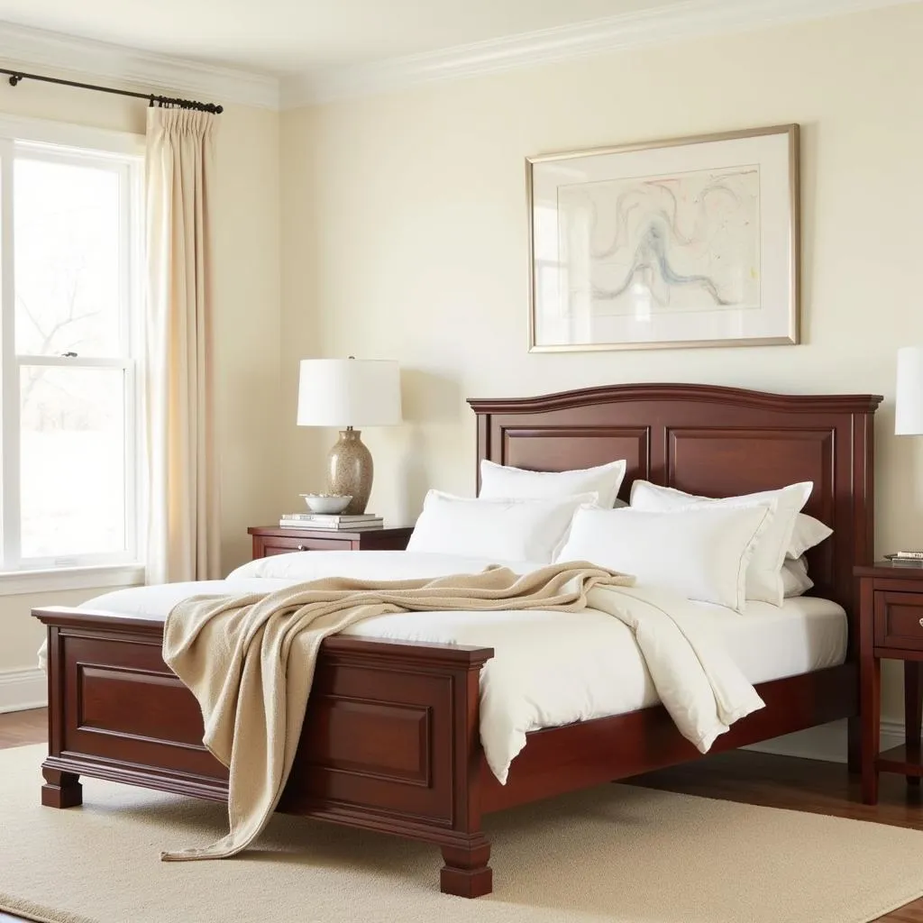 Bedroom with mahogany bed frame and neutral bedding