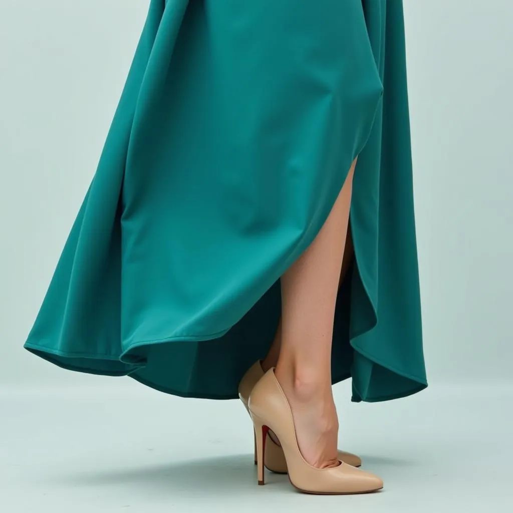 Nude heels paired with a teal dress