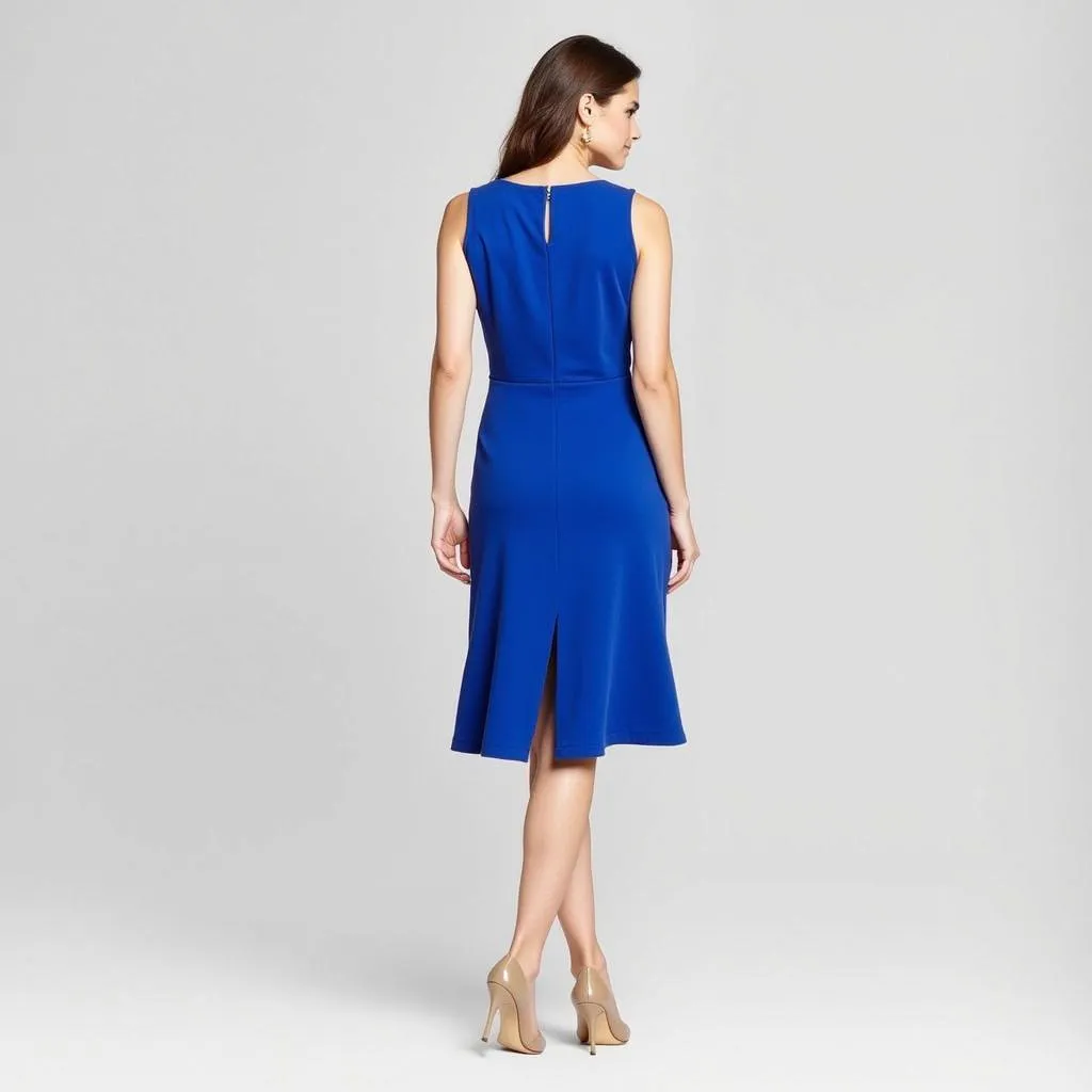 Nude pumps and a royal blue dress