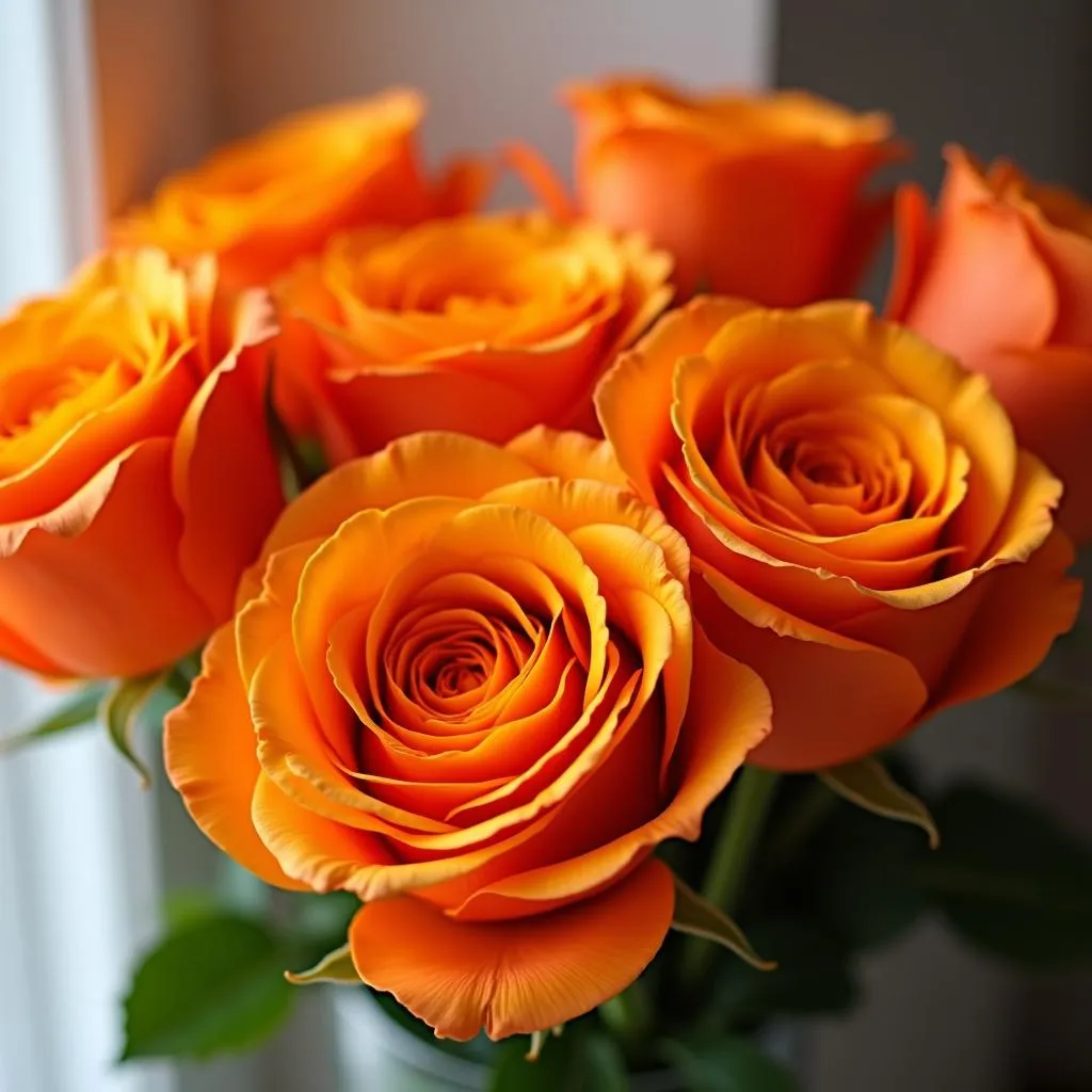 Orange roses arranged in a vase