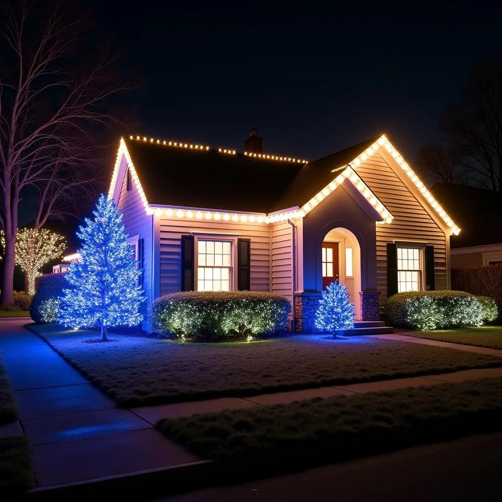 Outdoor Christmas decorations with white and blue lights.