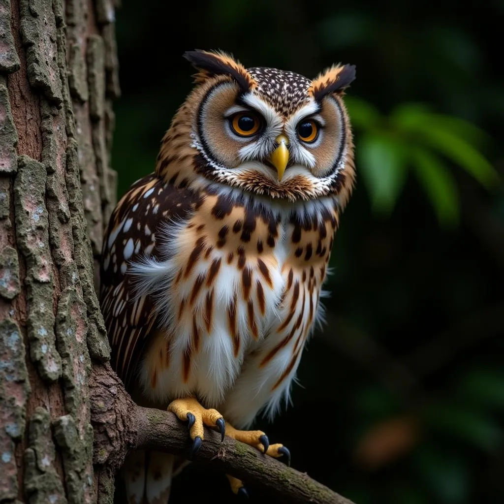 Owl camouflaged on a tree