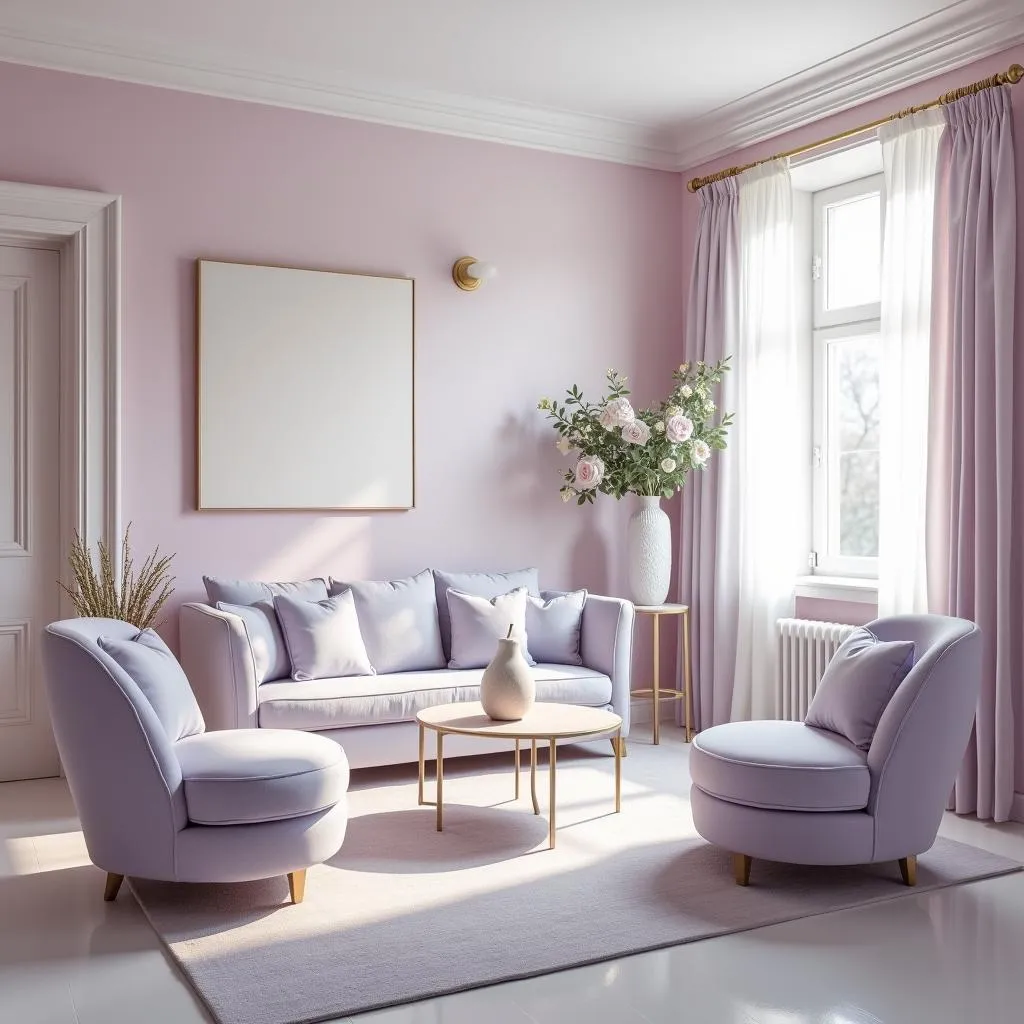 Interior design with pale pink, lavender, and light blue colors, creating a graceful ambiance