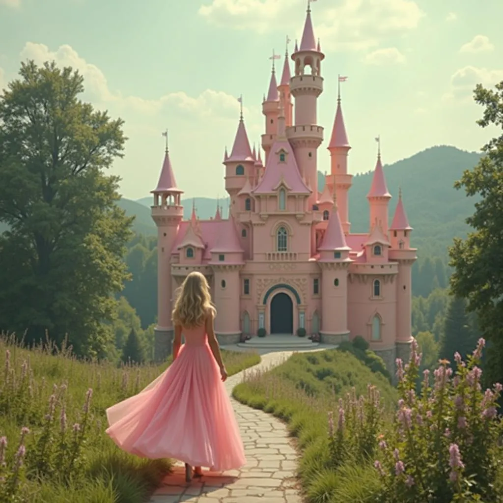 Taylor Swift's "Love Story" music video features a dreamy pastel pink setting