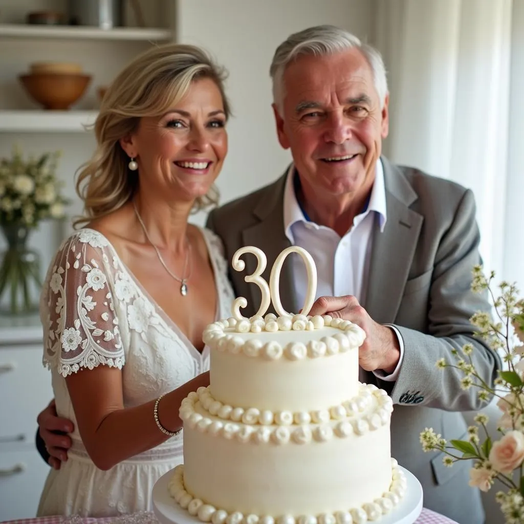 Couple celebrating their pearl anniversary with a pearl-themed cake