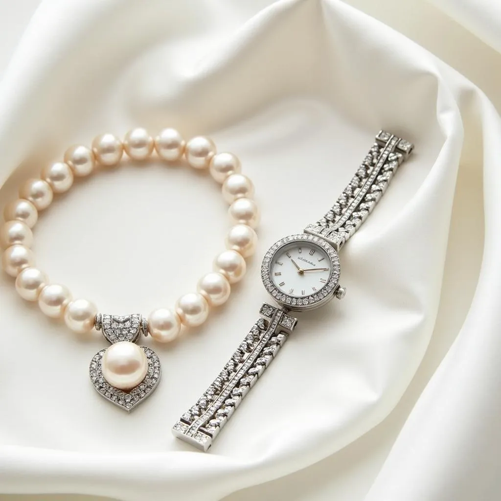 Pearl necklace and a pearl-encrusted watch as gifts for a 30th wedding anniversary