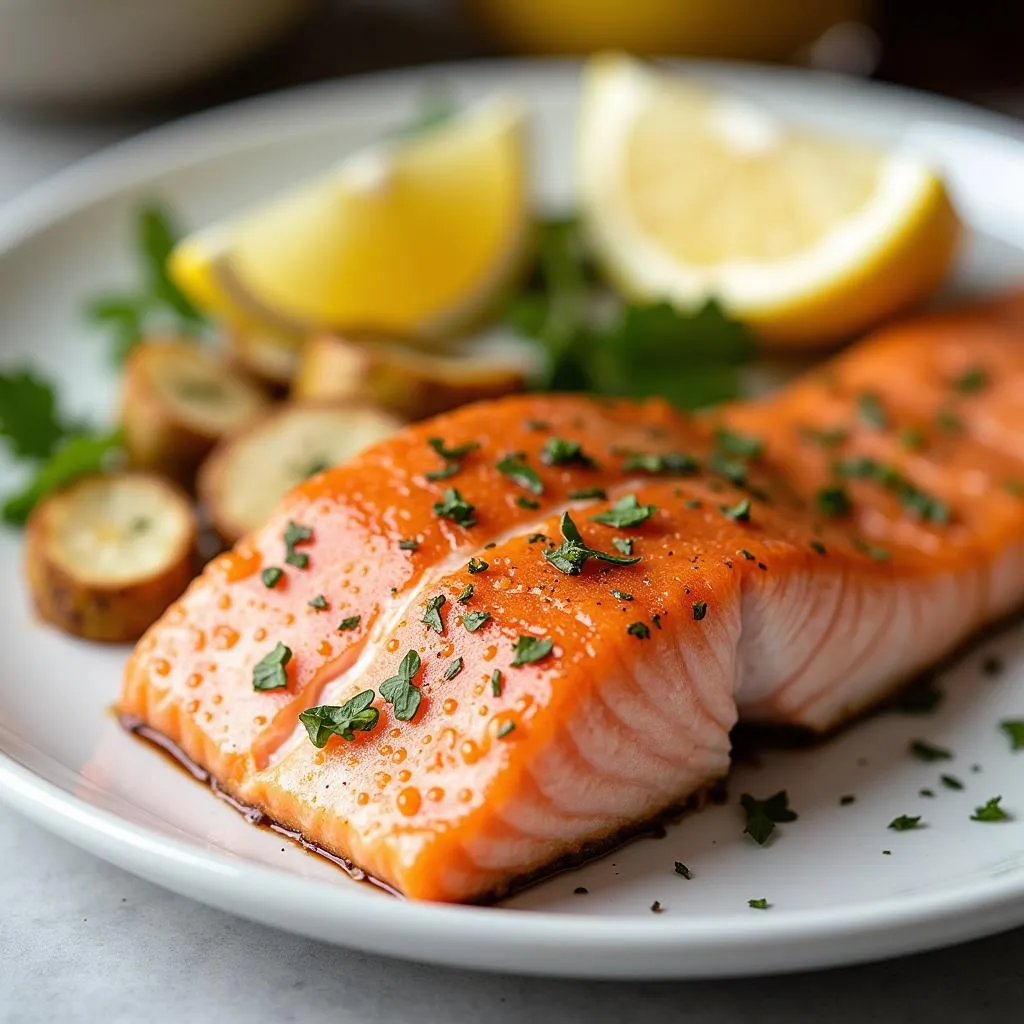 A plate of perfectly cooked salmon with garnish