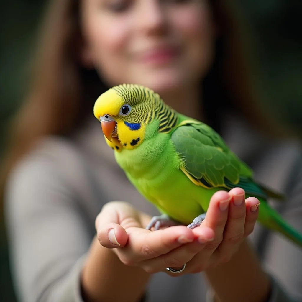 Holding a Green Parakeet