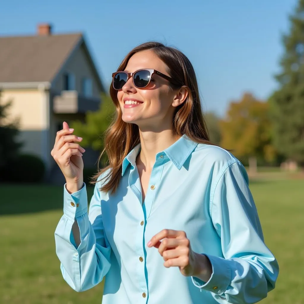 Person wearing a light blue shirt outdoors