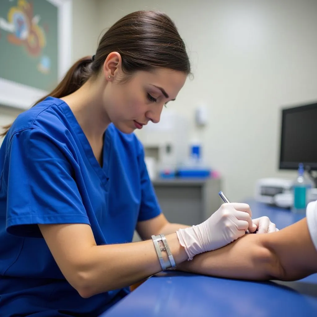 Phlebotomist in Royal Blue Scrubs Drawing Blood From a Patient