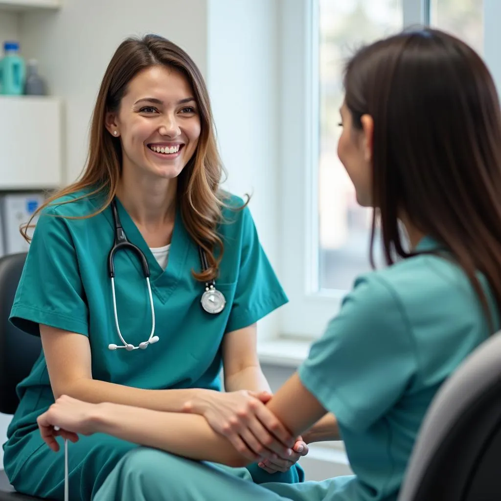 Phlebotomist in Teal Scrubs Smiling at a Patient