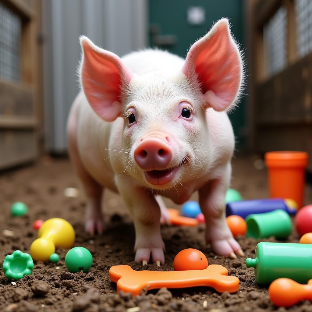 Pig Playing with Colorful Enrichment Toys