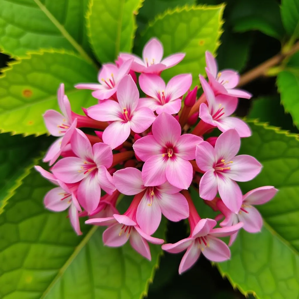 Pink Flowers with Green Leaves