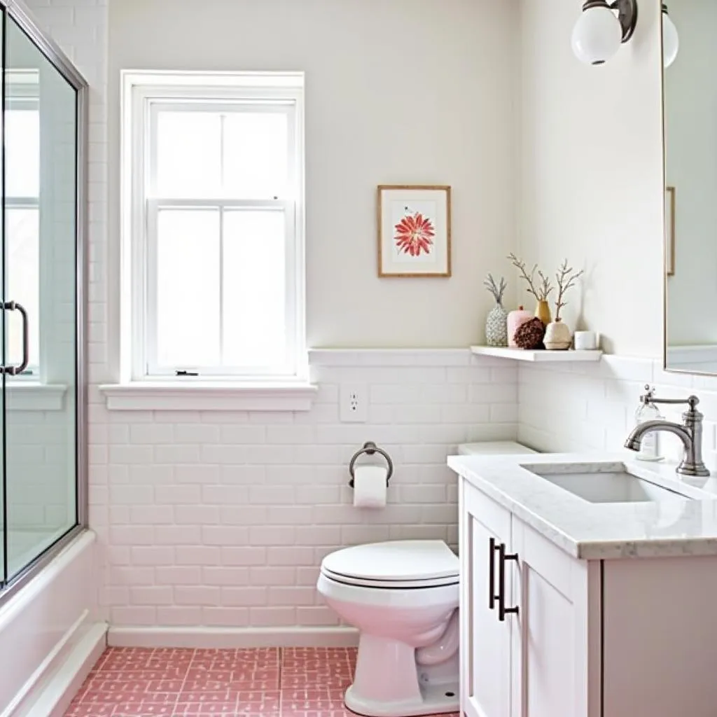 Pink tile bathroom with white fixtures