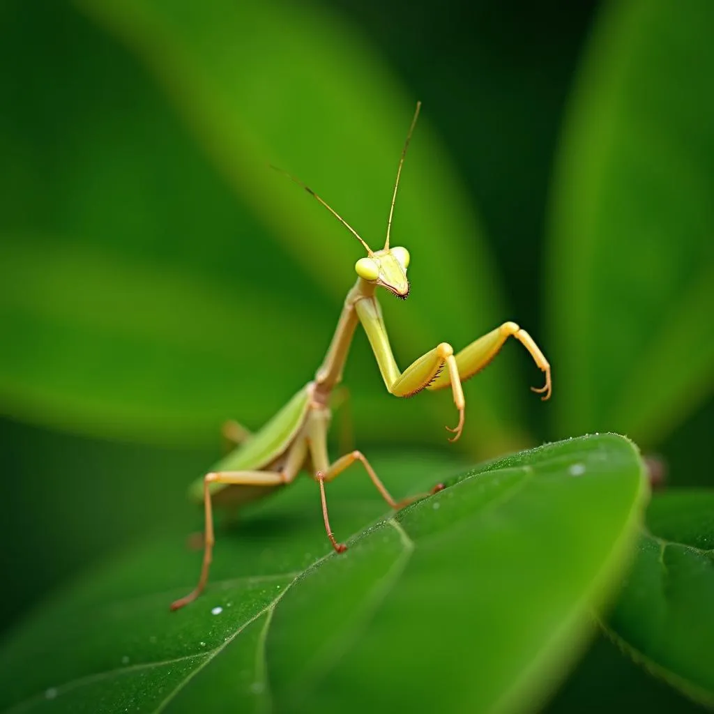 Praying Mantis Camouflaged on a Green Leaf