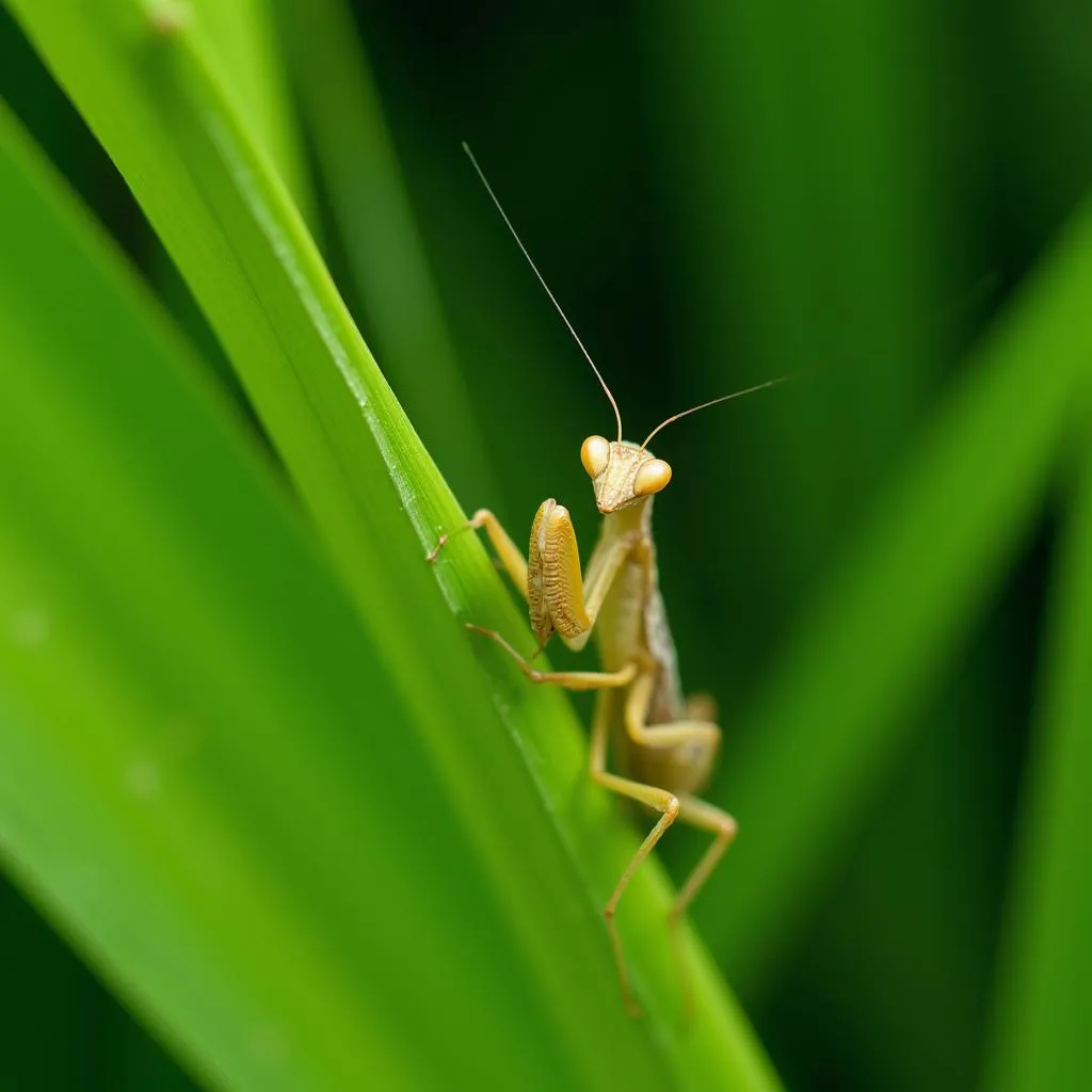 Praying mantis camouflaged on a green leaf