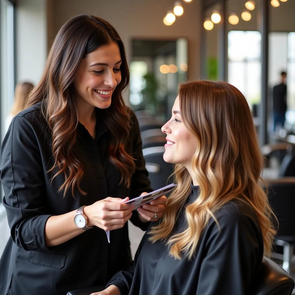 Professional colorist consulting a woman about her hair color in a salon