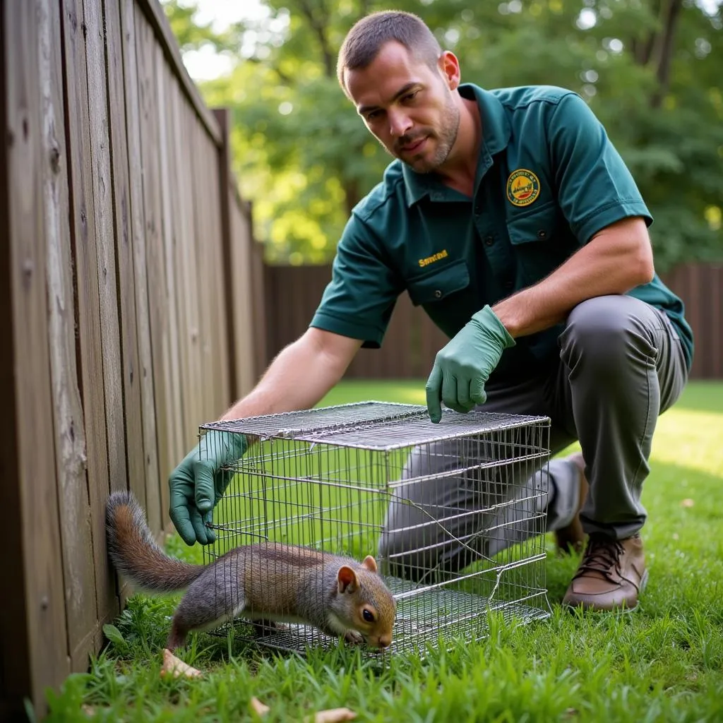 Pest control professional setting a trap