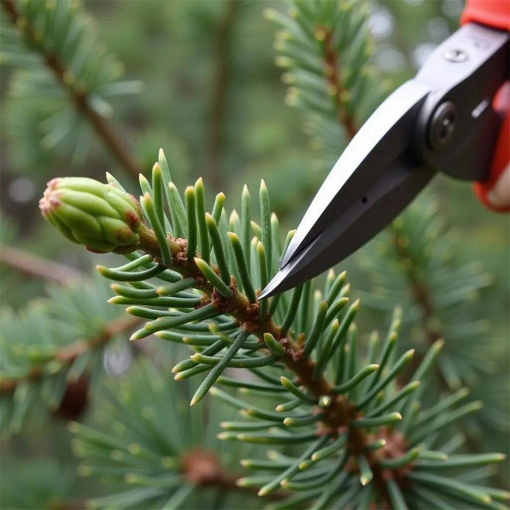 Close-up of pruning shears making a clean cut on a Colorado blue spruce branch