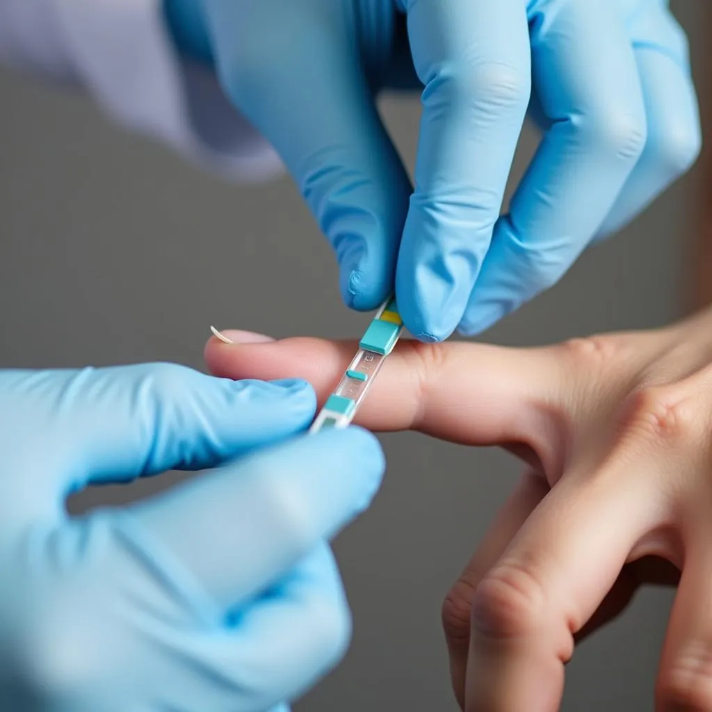 A healthcare professional performing a finger prick for a PT/INR test.