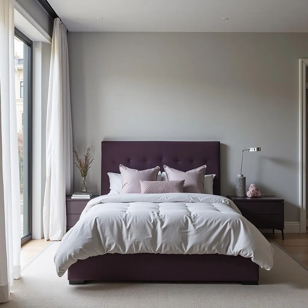 Purple and gray bedroom with minimalistic design