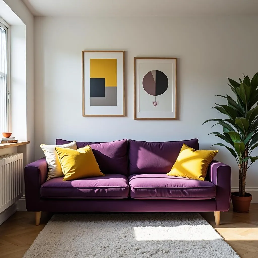 Purple and yellow living room design with contrasting accents