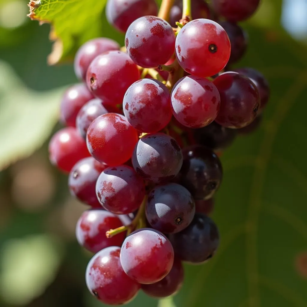 Purple grapes ripening on a vine