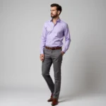 Man wearing a purple shirt and gray pants