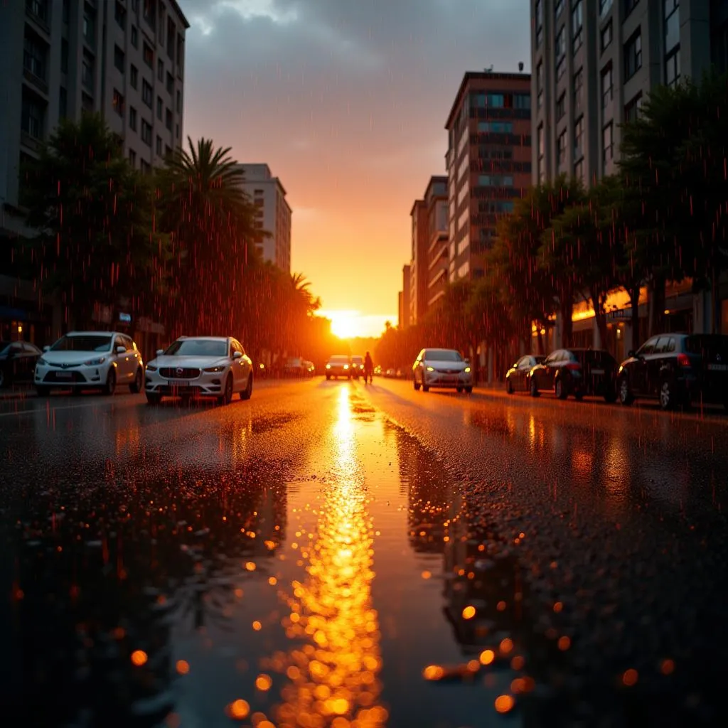 Rain falling on a city street during sunset