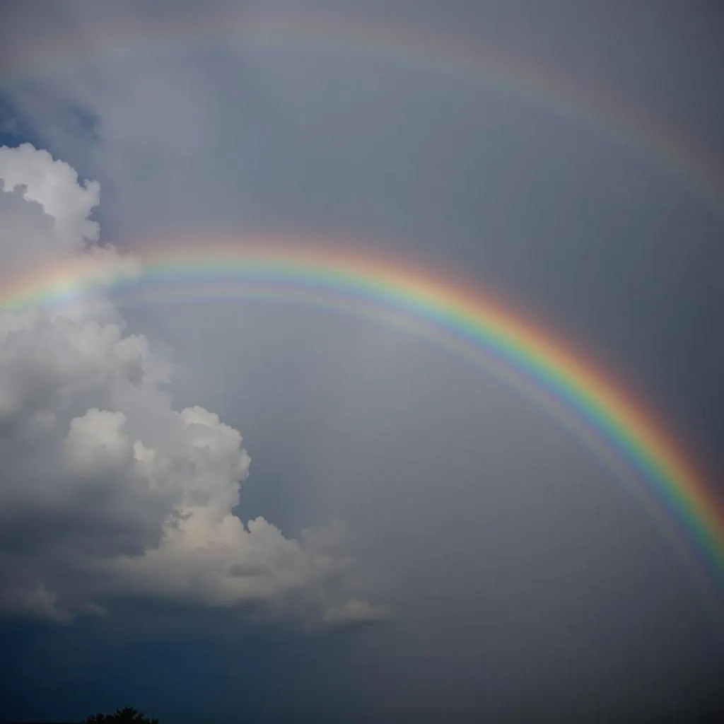 Vibrant rainbow arching across a cloudy sky