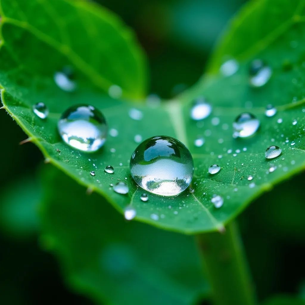 Raindrops on a leaf, reflecting light from the sky