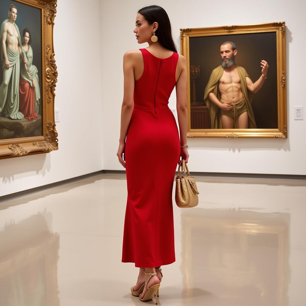 Red dress with gold accessories