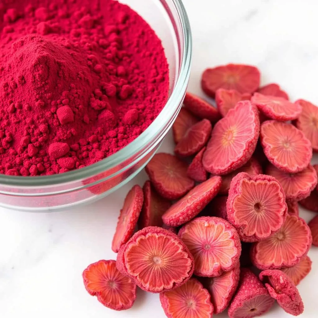 Red frosting ingredients: beetroot powder and freeze-dried strawberries