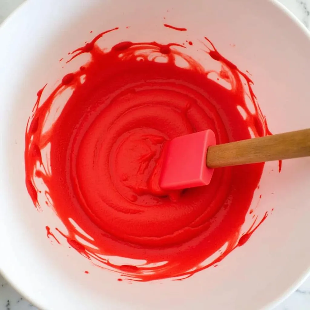 Mixing red frosting in a bowl