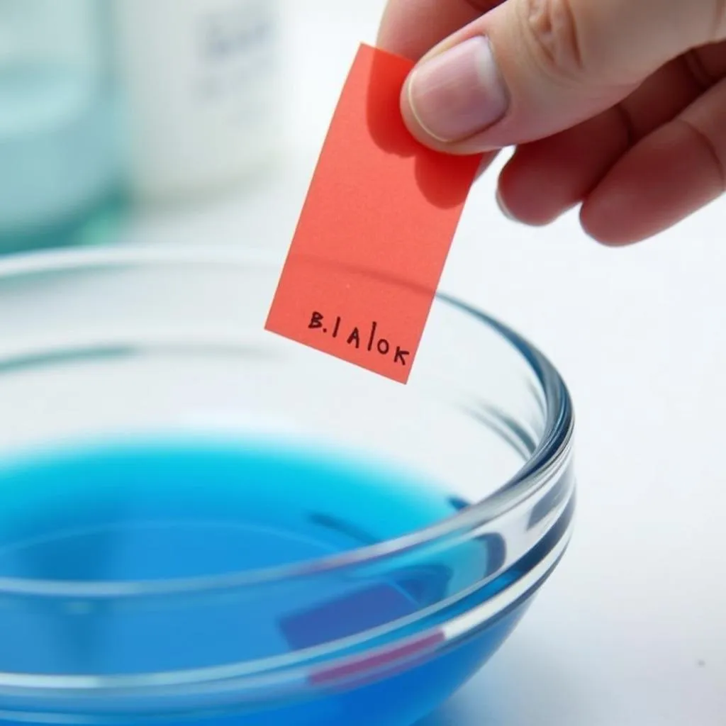 Red litmus paper turning blue in a dish of dishwashing liquid