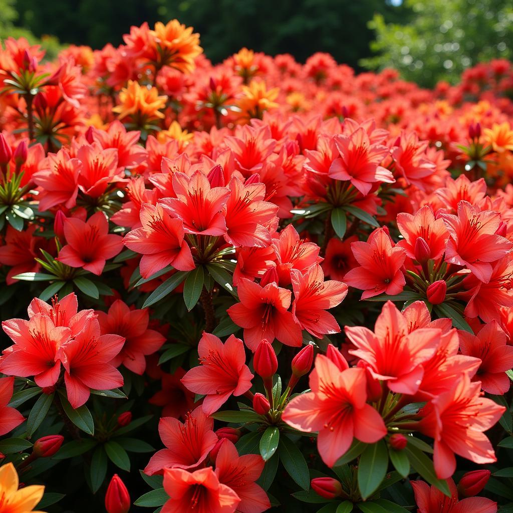 Red and Orange Azalea Bushes in a Vibrant Garden