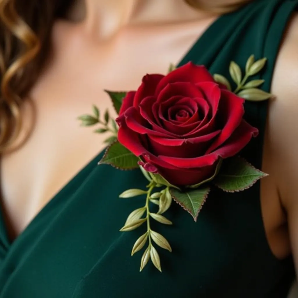 Red rose corsage against a dark green dress