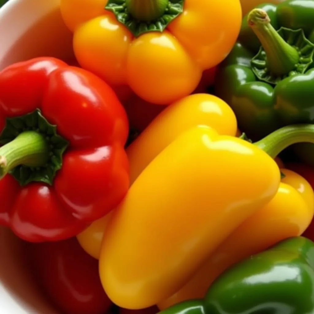 Red, yellow, and green bell peppers in a bowl