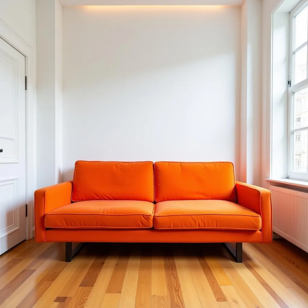 Retro orange sofa in a living room.