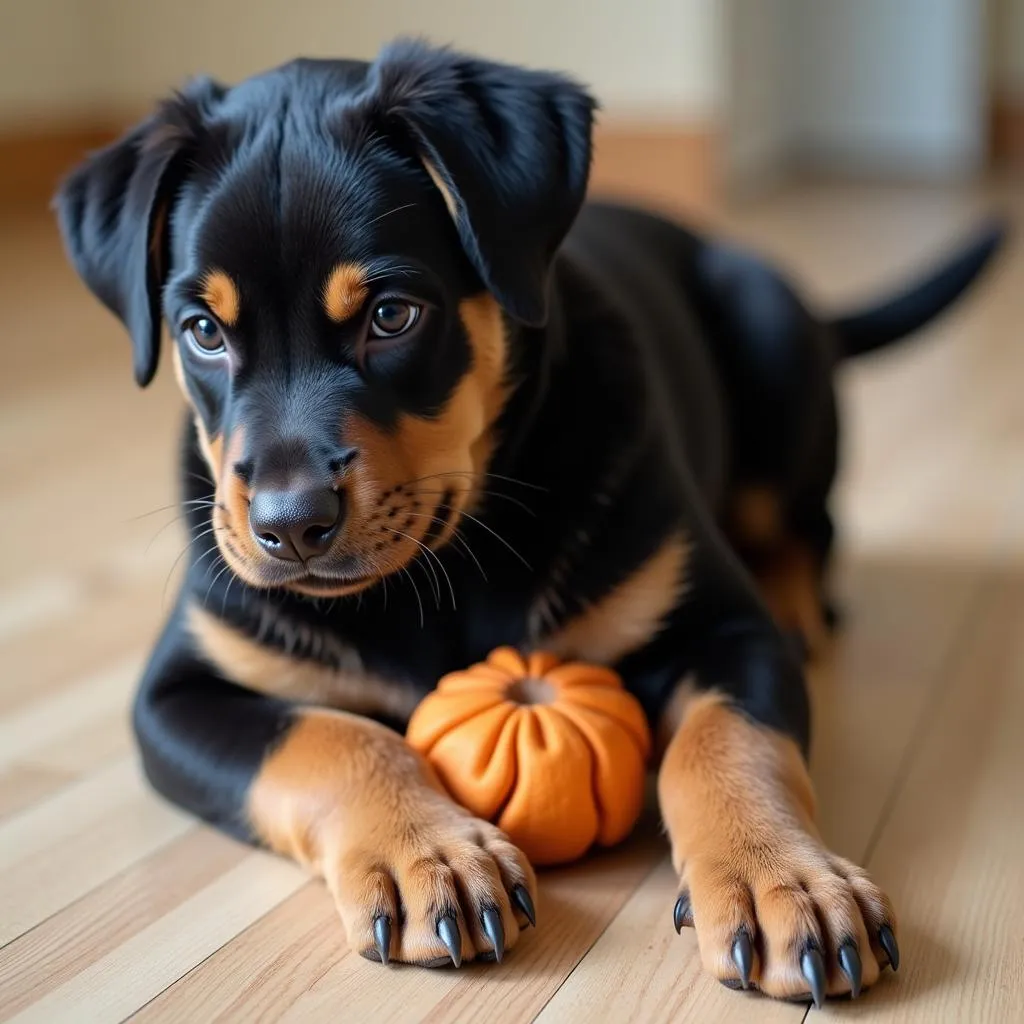 Rottweiler puppy playing with a toy